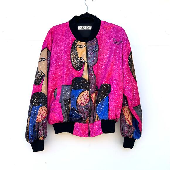 Vintage Picasso Art Bomber Jacket Bright Pink Sequins 1980s Festival Large - Picture 2 of 7